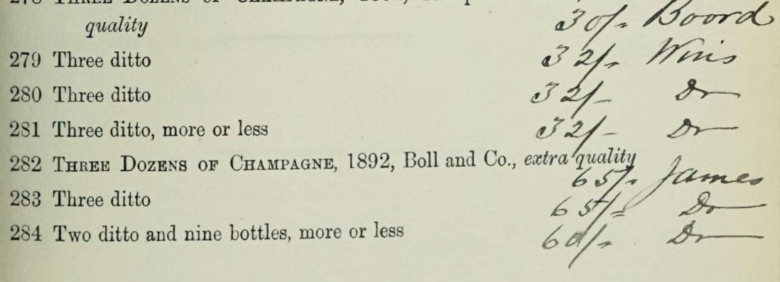 Auktionskatalog von Christie's vom 15. Juli 1898 mit drei Dutzend Champagne 1892, Boll and Co.