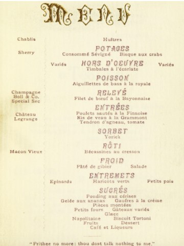 A 19th-century Delmonico's menu listing Champagne Boll & Co. Special Sec among the wines