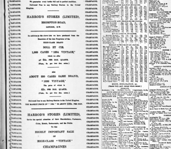 A newspaper notice from Harrod's Stores offering 1,000 cases of Boll et Cie 1884 vintage and 250 cases of the 1892 vintage