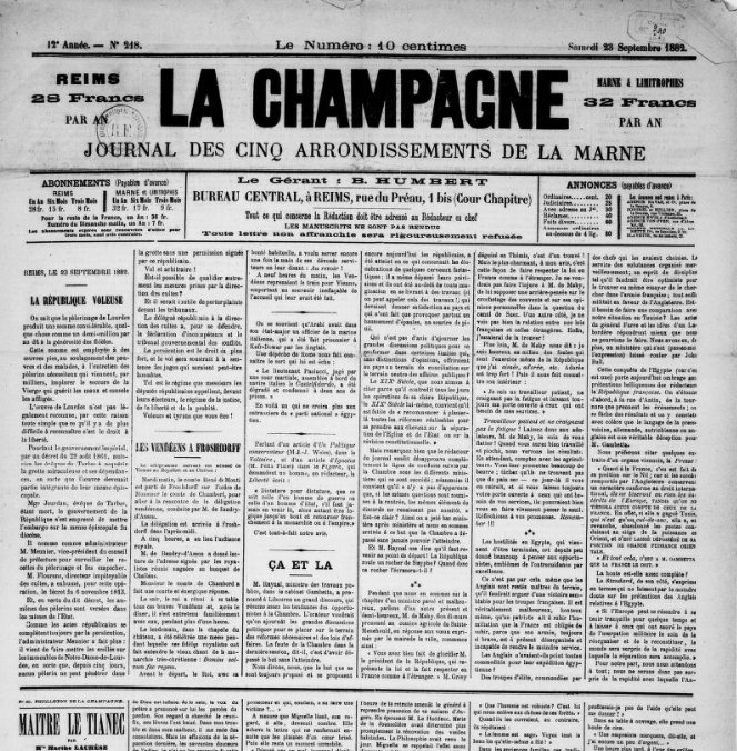 Titelseite der Zeitung La Champagne vom 23. September 1882