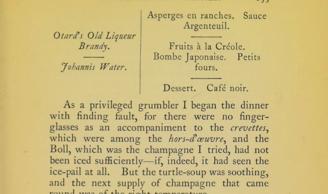 Seite aus Newnham-Davis, Dinners and Diners, 1899, mit der Bemerkung, der Boll sei nicht ausreichend gekühlt gewesen