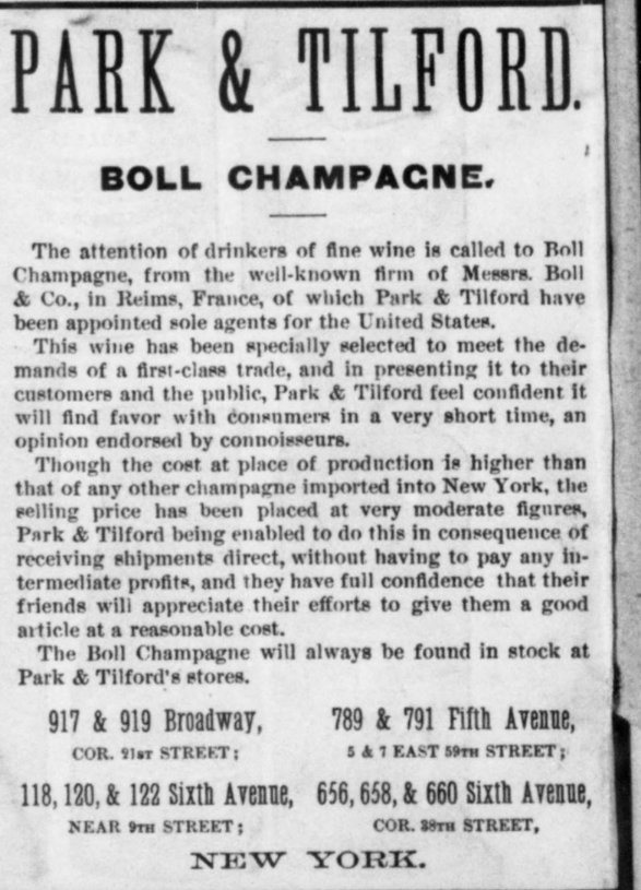 Anzeige von Park & Tilford für Boll Champagne mit ihren New Yorker Geschäften