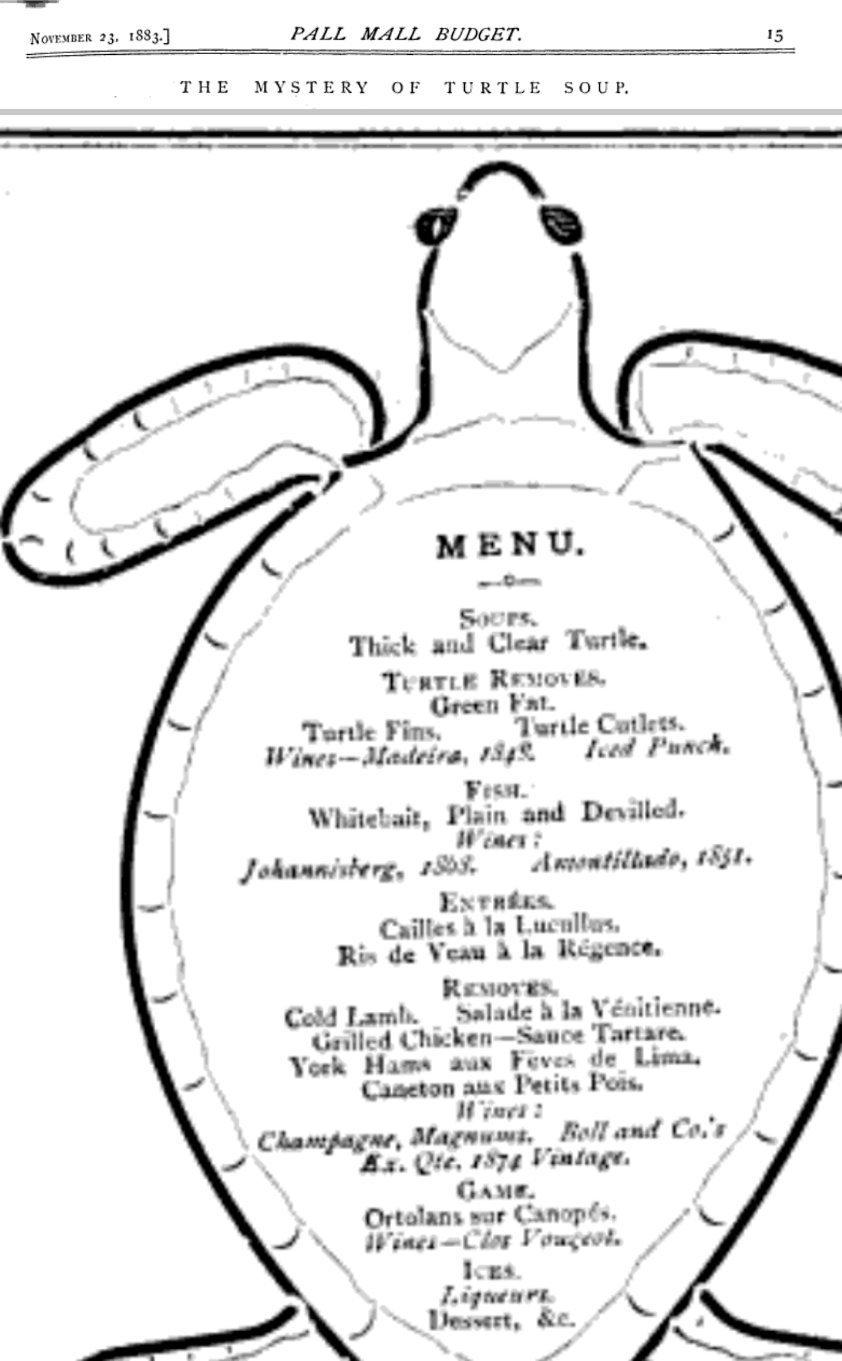 Das Menü des Ship and Turtle von 1883 in Form einer Schildkröte, mit Magnums von Boll and Co., Jahrgang 1874