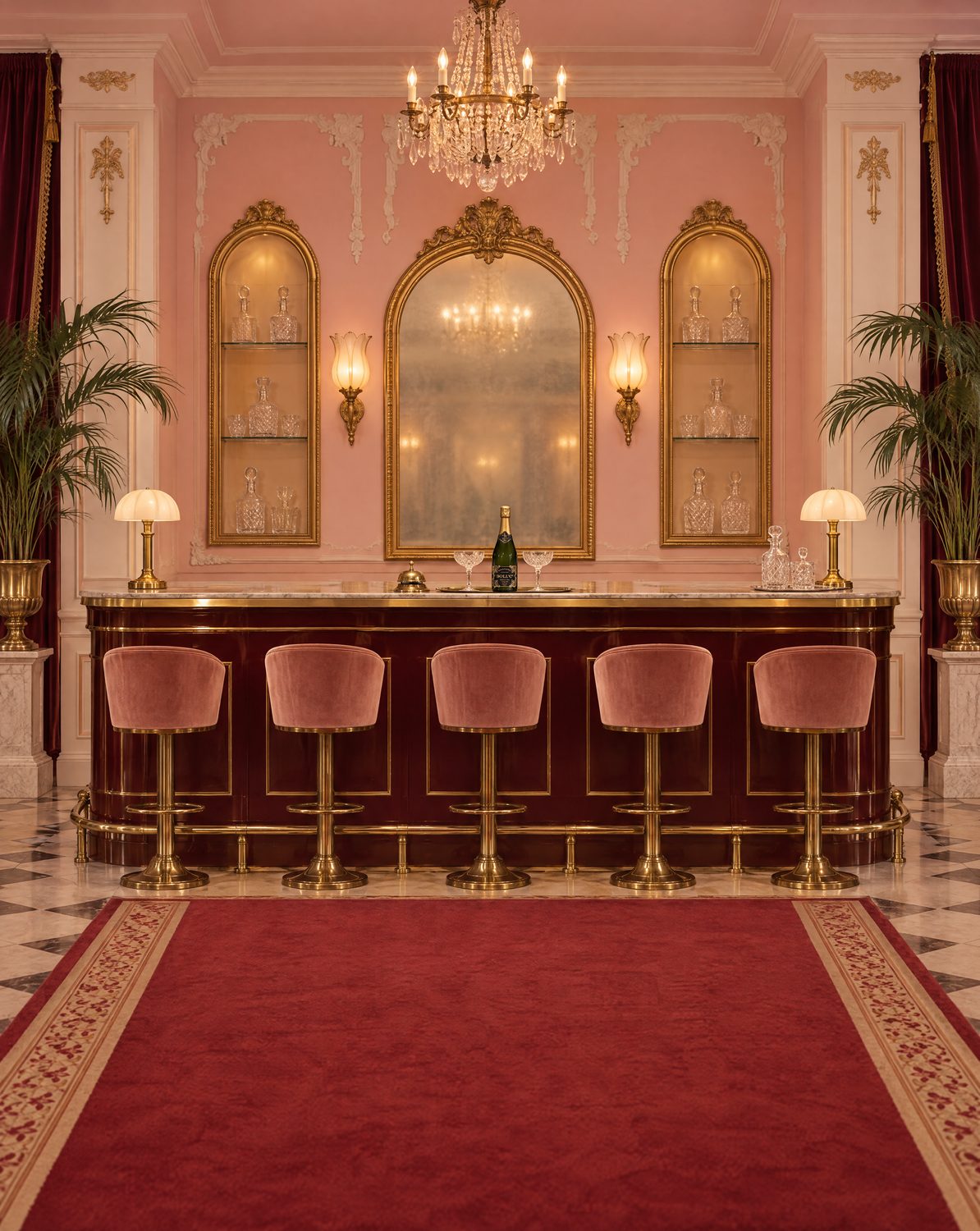 A pink salon bar with gilded mirrors, a crystal chandelier, velvet stools and a bottle of Boll & Cie on the marble counter